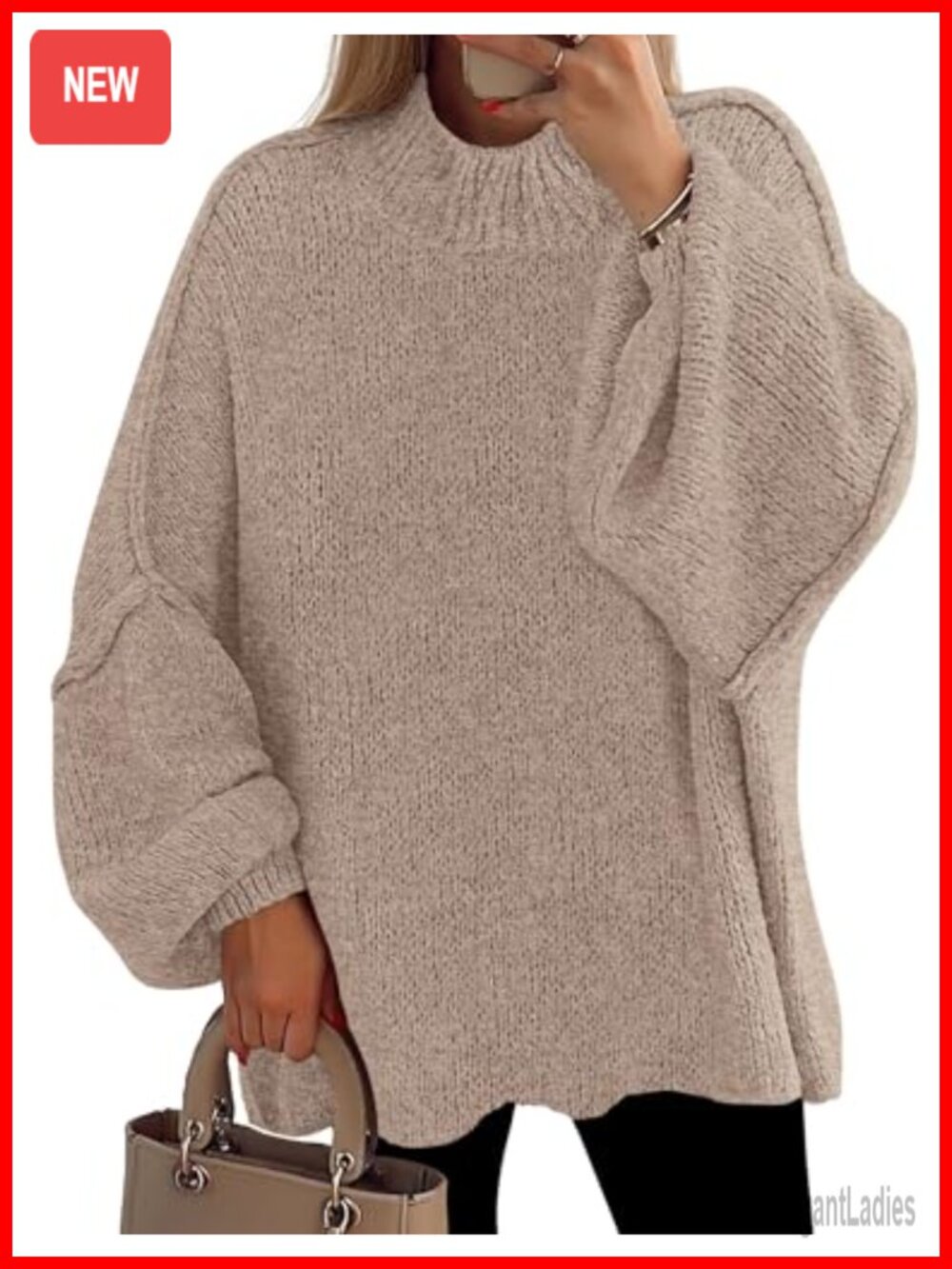 Oversized Chunky Knit Pullover Sweater Mock Neck Lantern Sleeve